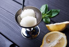 2 balls of homemade Lemon sorbet ice cream in metal bowl on black wooden background. Tasty summer dessert stock image 2 balls of homemade Lemon sorbet ice cream in metal bowl on black wooden background. Tasty summer dessert stock image