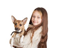 Bambina con peli lunghi che tengono un cane Fotografia Stock Bambina con peli lunghi che tengono un cane Fotografia Stock