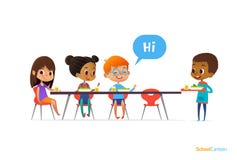 Bambini multirazziali che si siedono alla tavola in mensa scolastica e che accolgono il vassoio della tenuta del ragazzo del nuov royalty illustrazione gratis Bambini multirazziali che si siedono alla tavola in mensa scolastica e che accolgono il vassoio della tenuta del ragazzo del nuov royalty illustrazione gratis