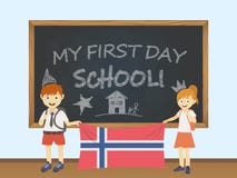 Bambini sorridenti colorati, ragazzo e ragazza, tenenti una bandiera nazionale della Norvegia dietro un'illustrazione del consigl illustrazione vettoriale Bambini sorridenti colorati, ragazzo e ragazza, tenenti una bandiera nazionale della Norvegia dietro un'illustrazione del consigl illustrazione vettoriale