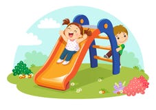 Bambini svegli divertendosi sullo scorrevole in campo da giuoco illustrazione di stock Bambini svegli divertendosi sullo scorrevole in campo da giuoco illustrazione di stock