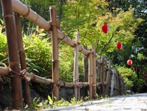 Bamboo Fence And Papers Lanterns Royalty Free Stock Photography