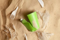 Ban Plastic. Ecology, Environmental, Plastic Pollution. Ocean Pollution. Top View On Plastic In Sand. Garbage On The Beach Concept Stock Images