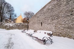 Banc pendant l'hiver vieux Tallinn de parc photos libres de droits Banc pendant l'hiver vieux Tallinn de parc photos libres de droits