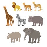 Bande dessinée réglée : éléphant de rhinocéros d'hippopotame de zèbre de girafe de guépard de léopard de lion Images libres de droits Bande dessinée réglée : éléphant de rhinocéros d'hippopotame de zèbre de girafe de guépard de léopard de lion Images libres de droits