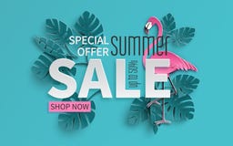 A bandeira da venda do verão com papel cortou o flamingo e o fundo tropical das folhas, design floral exótico para a bandeira, in ilustração stock A bandeira da venda do verão com papel cortou o flamingo e o fundo tropical das folhas, design floral exótico para a bandeira, in ilustração stock