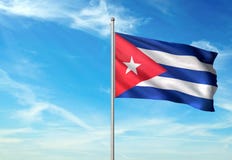 Bandeira de Cuba que acena com o céu na ilustração 3d realística do fundo ilustração stock Bandeira de Cuba que acena com o céu na ilustração 3d realística do fundo ilustração stock