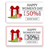 Bandeiras da venda do dia das mulheres com caixa de presente e tulipa Giftbox verde Comprovante, insetos, convite, cartazes Vetor ilustração stock Bandeiras da venda do dia das mulheres com caixa de presente e tulipa Giftbox verde Comprovante, insetos, convite, cartazes Vetor ilustração stock