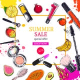 Bandera de la venta del verano Los cosméticos y el fondo de la belleza con componen objetos del artista: lápiz labial, crema, cep stock de ilustración Bandera de la venta del verano Los cosméticos y el fondo de la belleza con componen objetos del artista: lápiz labial, crema, cep stock de ilustración