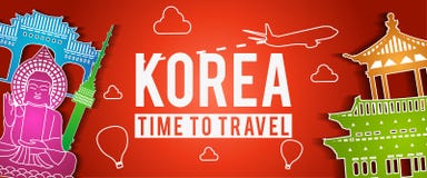 Bandera del estilo colorido, del viaje y del turismo de la silueta famosa de la señal de Corea stock de ilustración Bandera del estilo colorido, del viaje y del turismo de la silueta famosa de la señal de Corea stock de ilustración