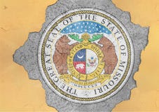 Bandera del sello de Missouri del estado de los E.E.U.U. pintada en el agujero concreto y la pared agrietada imágenes de archivo libres de regalías Bandera del sello de Missouri del estado de los E.E.U.U. pintada en el agujero concreto y la pared agrietada imágenes de archivo libres de regalías