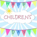 Bandiere festive con le congratulazioni Nuvola e sole su un fondo dei raggi Giorno felice del ` s dei bambini illustrazione vettoriale Bandiere festive con le congratulazioni Nuvola e sole su un fondo dei raggi Giorno felice del ` s dei bambini illustrazione vettoriale