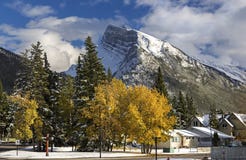 Banff Alberta and Snowy Mountain Rundle royalty free stock photo Banff Alberta and Snowy Mountain Rundle royalty free stock photo