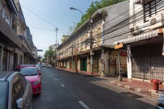Bangkok, Thailand - February 14 2019 : Empty street in china town district. Low traffic royalty free stock photos Bangkok, Thailand - February 14 2019 : Empty street in china town district. Low traffic royalty free stock photos