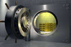 Bank vault with stack of gold bars