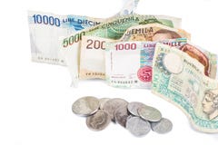 Banknoten aus Italien Münzen der italienischen Lira und des Metalls lizenzfreie stockfotografie Banknoten aus Italien Münzen der italienischen Lira und des Metalls lizenzfreie stockfotografie