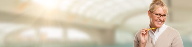 Banner of Beautiful Librarian, Student or Businesswoman with Pencil Stock Photos Banner of Beautiful Librarian, Student or Businesswoman with Pencil Stock Photos
