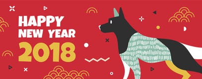 Banner with the dog and the text the new year. Template banner with the dog in the style of Memphis and the text of the new year. The banner can be used for royalty free illustration Banner with the dog and the text the new year. Template banner with the dog in the style of Memphis and the text of the new year. The banner can be used for royalty free illustration