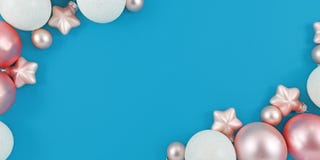 Banner with pink and white Christmas ornaments in shape of stars and baubles at corners of blue background with copy space