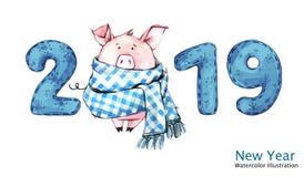 Bannière de 2019 bonnes années Porc mignon dans l'écharpe d'hiver avec des nombres Illustration d'aquarelle Symbole des vacances illustration de vecteur Bannière de 2019 bonnes années Porc mignon dans l'écharpe d'hiver avec des nombres Illustration d'aquarelle Symbole des vacances illustration de vecteur