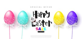 Bannière heureuse de vente de Pâques Fond avec de beaux oeufs colorés Dirigez l'illustration pour des affiches, bons, matériel pr illustration libre de droits Bannière heureuse de vente de Pâques Fond avec de beaux oeufs colorés Dirigez l'illustration pour des affiches, bons, matériel pr illustration libre de droits