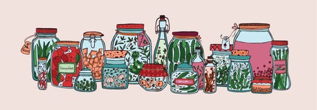 Bannière horizontale avec des fruits, des légumes marinés et des épices dans des pots et des bouteilles tirés par la main sur le illustration stock Bannière horizontale avec des fruits, des légumes marinés et des épices dans des pots et des bouteilles tirés par la main sur le illustration stock