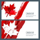 Bannières et milieux d'aquarelle de vecteur le 1er juillet, jour heureux de Canada Drapeau canadien tiré par la main d'aquarelle