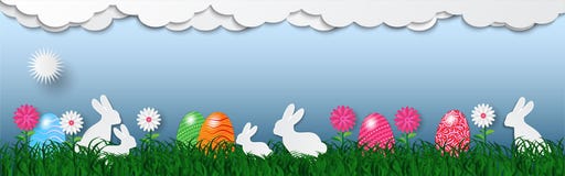 Banret av easter feriebakgrund med ägg på grönt gräs och vit oavbrutet tjata, vektorillustrationen Royaltyfri Foto Banret av easter feriebakgrund med ägg på grönt gräs och vit oavbrutet tjata, vektorillustrationen Royaltyfri Foto