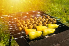 Barbacoas del vegano: nueva tendencia de la comida del verano Ase a la parrilla los paprikas, foto de archivo libre de regalías Barbacoas del vegano: nueva tendencia de la comida del verano Ase a la parrilla los paprikas, foto de archivo libre de regalías