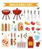 Barbecue en grill geplaatste pictogrammen, vlakke of beeldverhaalstijl BBQ inzameling van voorwerpen, elementen van ontwerp Geïso royalty-vrije illustratie Barbecue en grill geplaatste pictogrammen, vlakke of beeldverhaalstijl BBQ inzameling van voorwerpen, elementen van ontwerp Geïso royalty-vrije illustratie