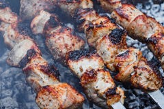 Barbecue sur le gril Shashlik a fait des cubes de viande sur les brochettes pendant de la cuisson sur le charbon de bois fini man photo libre de droits Barbecue sur le gril Shashlik a fait des cubes de viande sur les brochettes pendant de la cuisson sur le charbon de bois fini man photo libre de droits