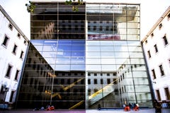 Barcelona Spain, building with mirrored glass stock photo Barcelona Spain, building with mirrored glass stock photo