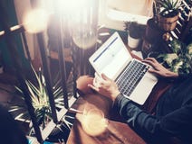 Barcelona, Spain - February 1, 2016: Man registered facebook page. Generic design laptop is on his knees. Social network royalty free stock image Barcelona, Spain - February 1, 2016: Man registered facebook page. Generic design laptop is on his knees. Social network royalty free stock image
