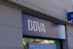 BARCELONA, SPAIN - 31 JANUARY 2021: BBVA Bank poster on the facade of a building