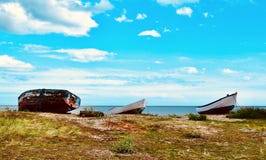 Barcos de pesca Upturned en orilla cercana del brezo fotografía de archivo libre de regalías Barcos de pesca Upturned en orilla cercana del brezo fotografía de archivo libre de regalías