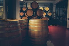 Barilotti di legno con vino in cantina scura fotografia stock Barilotti di legno con vino in cantina scura fotografia stock