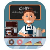Barista на счетчике в кофейне, машине кофе и помадках в окне иллюстрация вектора Barista на счетчике в кофейне, машине кофе и помадках в окне иллюстрация вектора