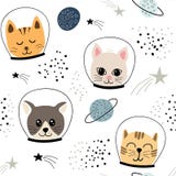 Barnslig sömlös modell med gulliga kattastronaut vektorillustration för tyg, textil, tapet royaltyfri illustrationer Barnslig sömlös modell med gulliga kattastronaut vektorillustration för tyg, textil, tapet royaltyfri illustrationer