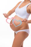Barriga grávida com coração azul e cor-de-rosa Sexo da criança Gêmeos, menina, menino foto de stock royalty free Barriga grávida com coração azul e cor-de-rosa Sexo da criança Gêmeos, menina, menino foto de stock royalty free
