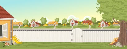 Barrière en bois sur l'arrière-cour d'une maison colorée dans le voisinage de banlieue illustration stock Barrière en bois sur l'arrière-cour d'une maison colorée dans le voisinage de banlieue illustration stock