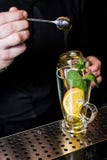 Bartender προετοιμάζει το τσάι φρούτων με τα τα βακκίνια σε ένα ποτήρι, σκοτεινό υπόβαθρο στοκ φωτογραφίες με δικαίωμα ελεύθερης χρήσης Bartender προετοιμάζει το τσάι φρούτων με τα τα βακκίνια σε ένα ποτήρι, σκοτεινό υπόβαθρο στοκ φωτογραφίες με δικαίωμα ελεύθερης χρήσης