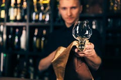 Bartendern gör ren exponeringsglaset med en torkduk på stångräknarebakgrund Bartendern som gör ren exponeringsglaset på stången fotografering för bildbyråer Bartendern gör ren exponeringsglaset med en torkduk på stångräknarebakgrund Bartendern som gör ren exponeringsglaset på stången fotografering för bildbyråer