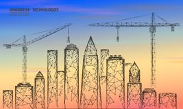 Bas poly lever de soleil en construction de construction de grue Technologie moderne industrielle d'affaires Ciel coloré 3D de co illustration stock Bas poly lever de soleil en construction de construction de grue Technologie moderne industrielle d'affaires Ciel coloré 3D de co illustration stock