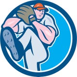 Baseball Pitcher Outfielder Leg Up Circle Cartoon stock illustration Baseball Pitcher Outfielder Leg Up Circle Cartoon stock illustration
