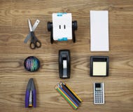 Basic Office Supplies On Aged Wood Stock Photo Basic Office Supplies On Aged Wood Stock Photo