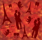 Valentine`s Day seamless pattern with Eiffel Tower, lovers silhouette and cupid stock illustration Valentine`s Day seamless pattern with Eiffel Tower, lovers silhouette and cupid stock illustration