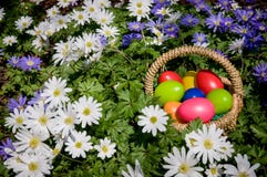 Basket With Colored Eggs On Grass Stock Photography