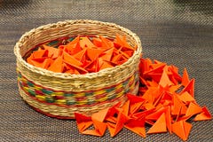 Basket of woven straw with red paper royalty free stock photo Basket of woven straw with red paper royalty free stock photo