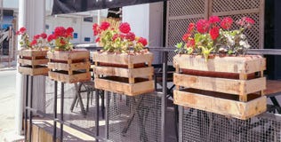 Baskets with red flowers decorate Hamameth Street, Tunisia stock photos Baskets with red flowers decorate Hamameth Street, Tunisia stock photos