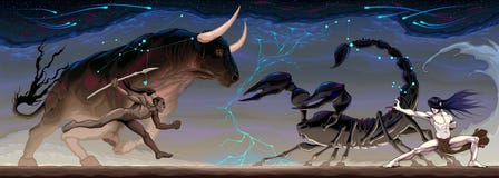 Bataille zodiacale entre le Taureau et le Scorpion Images libres de droits Bataille zodiacale entre le Taureau et le Scorpion Images libres de droits